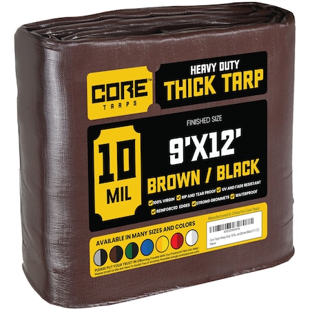Heavy Duty Tarp, 12 ft L x 0.5 mm H x 9 ft W, 10 Mil, Brown/Black, Polyethylene